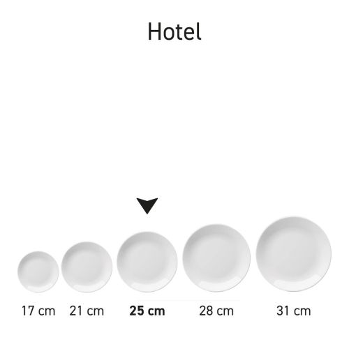 Reeks van Hotel coupeborden wit porselein gepresenteerd als bij elkaar horende servieslijn. Reeks van Hotel coupeborden wit porselein gepresenteerd als bij elkaar horende servieslijn.
