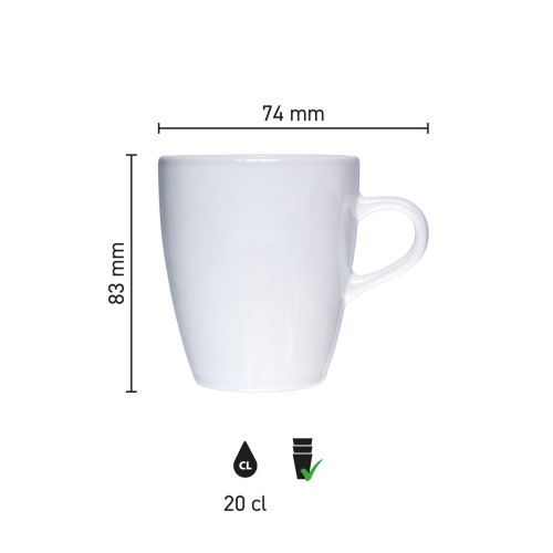 Infographic shows technical dimensions of Cynthia mug white 20 cl porcelain in millimetres.
