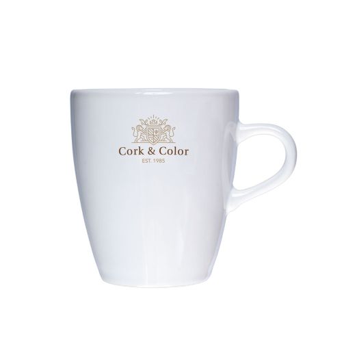 Vooraanzicht van Cynthia mok 20 cl. bedrukt met kleurrijk CorkColor-logo op porselein. Vooraanzicht van Cynthia mok 20 cl. bedrukt met kleurrijk CorkColor-logo op porselein.