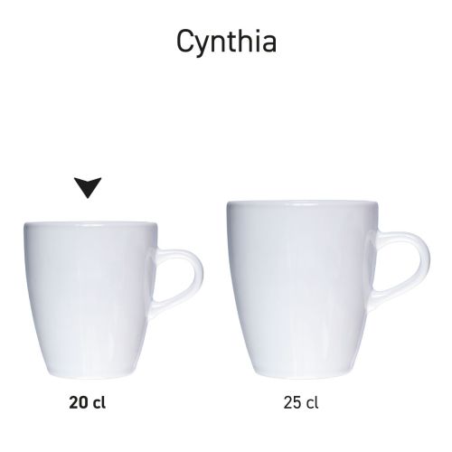 Serie Cynthia mokken wit 20 en 25 cl. van porselein, gepresenteerd als uniforme productreeks. Serie Cynthia mokken wit 20 en 25 cl. van porselein, gepresenteerd als uniforme productreeks.