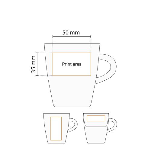 Technische werktekening met drukgebied voor logo-opdruk op de Cynthia mok wit 25 cl. porselein. Technische werktekening met drukgebied voor logo-opdruk op de Cynthia mok wit 25 cl. porselein.