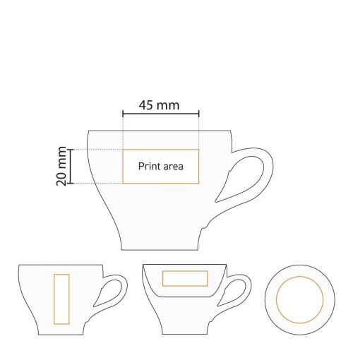 Gedetailleerde werktekening toont het drukgebied van Dom Cappuccino wit 20 cl. SET porselein. Gedetailleerde werktekening toont het drukgebied van Dom Cappuccino wit 20 cl. SET porselein.