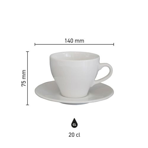 Infographic toont technische maatvoering van de om Cappuccino wit 20 cl. set porselein. Infographic toont technische maatvoering van de om Cappuccino wit 20 cl. set porselein.