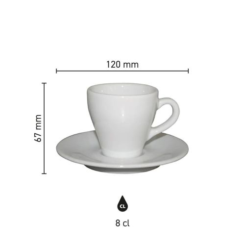 Infographic shows technical dimensions of Dom Espresso white 8 cl. SET porcelain in millimetres.