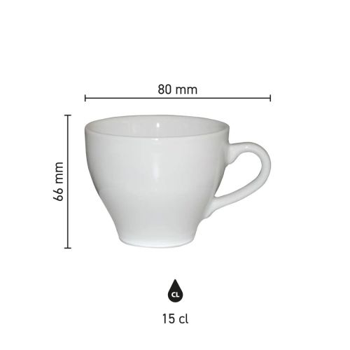 Infographic shows technical dimensions of the Dom Coffee cup white 15 cl. in millimetres. Infographic shows technical dimensions of the Dom Coffee cup white 15 cl. in millimetres.