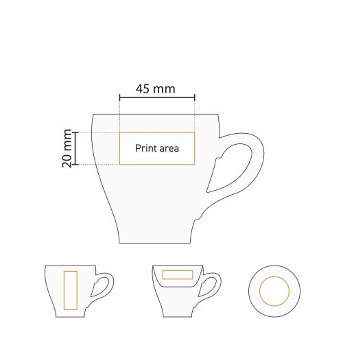 Gedetailleerde werktekening met het drukgebied van Dom Koffie wit 15 cl. SET porselein. Gedetailleerde werktekening met het drukgebied van Dom Koffie wit 15 cl. SET porselein.