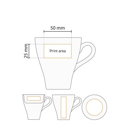 Technical working drawing clearly shows the printing area of Dom mug white 25 cl porcelain. Technical working drawing clearly shows the printing area of Dom mug white 25 cl porcelain.