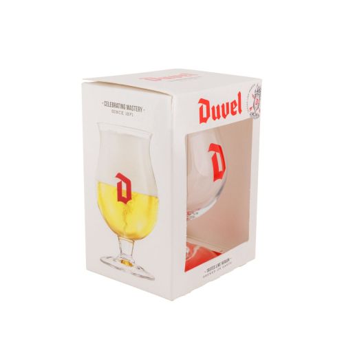 Duvel bierglas van 33 cl. in helder glas met bijpassende verpakking, geschikt als drinkglas voor speciaalbier en cadeauverpakking.