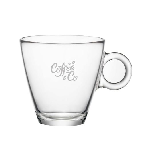 Engraving of CoffeeCo logo on front of Easy Bar tea cup 32 cl glass. Engraving of CoffeeCo logo on front of Easy Bar tea cup 32 cl glass.