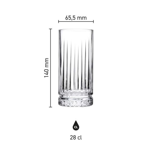 Infographic toont de productafmetingen van het Elysia Longdrink glas 28 cl. Infographic toont de productafmetingen van het Elysia Longdrink glas 28 cl.