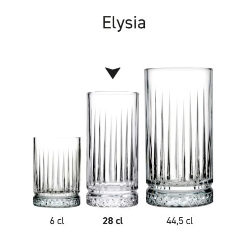 Serie van Elysia Longdrink glazen 28 cl. in verschillende composities en invalshoeken. Serie van Elysia Longdrink glazen 28 cl. in verschillende composities en invalshoeken.