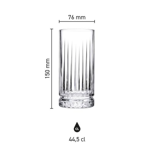 Afmetingen van het Elysia Longdrink glas 44,5 cl. overzichtelijk weergegeven in infographic. Afmetingen van het Elysia Longdrink glas 44,5 cl. overzichtelijk weergegeven in infographic.