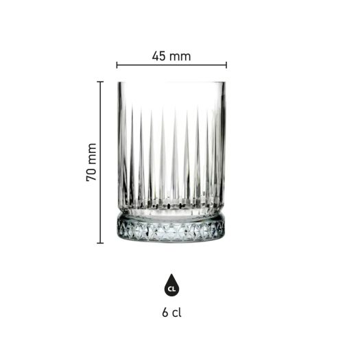 Infographic toont de productafmetingen van het Elysia Shotglas 6 cl. glas. Infographic toont de productafmetingen van het Elysia Shotglas 6 cl. glas.