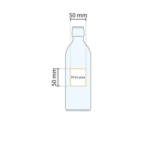 Drukgebiedweergave van Emilia Fles 0,5 liter met gemarkeerd oppervlak voor logobedrukking. Drukgebiedweergave van Emilia Fles 0,5 liter met gemarkeerd oppervlak voor logobedrukking.