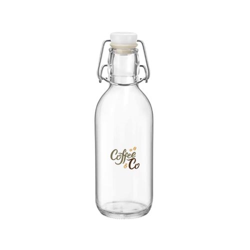 lazen fles met kleurendruk van CoffeeCo-logo op voorzijde van 0,5 liter Emilia model. lazen fles met kleurendruk van CoffeeCo-logo op voorzijde van 0,5 liter Emilia model.