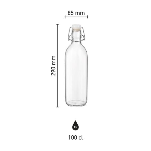 verview of the dimensions of glass bottle Emilia 1 litre in clear infographic view.