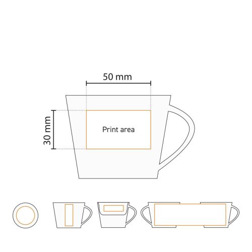 Technische werktekening met aanduiding van drukgebied op Eva Koffie 20 cl. SET porselein. Technische werktekening met aanduiding van drukgebied op Eva Koffie 20 cl. SET porselein.