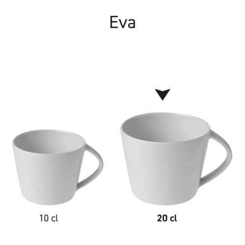 Series Eva Coffee Cups of 10 cl. and 20 cl. in porcelain presented in different positions.