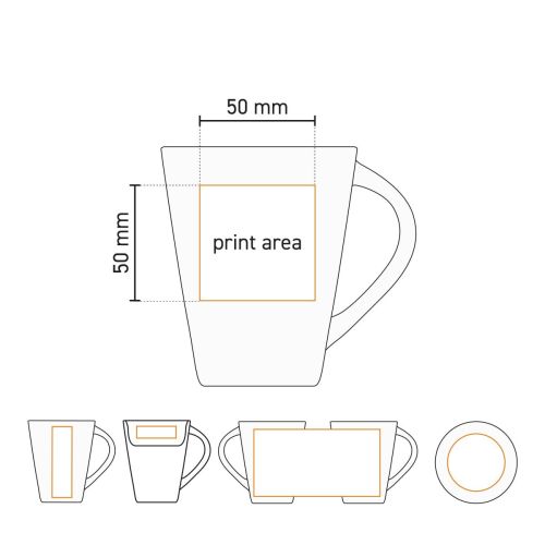 Working drawing of Eva mug white 25 cl porcelain with marked printing area for logos. Working drawing of Eva mug white 25 cl porcelain with marked printing area for logos.