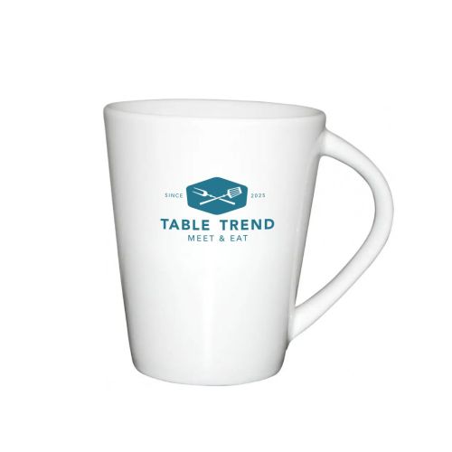 Front view of white 25cl porcelain Eva mug with blue TableTrend logo on the front. Front view of white 25cl porcelain Eva mug with blue TableTrend logo on the front.