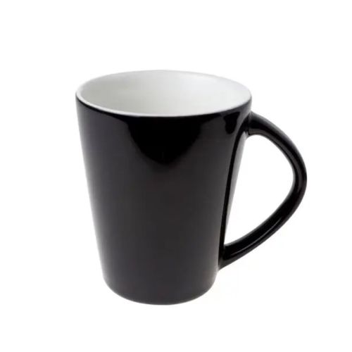 Eva mug in black and white porcelain of 25 cl. front view shows smooth surface and straight shape. Eva mug in black and white porcelain of 25 cl. front view shows smooth surface and straight shape.
