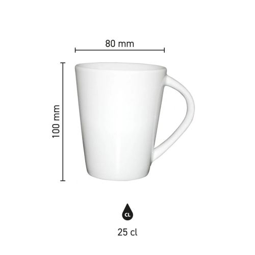 Infographic showing dimensions of white 25cl porcelain Eva mug, with scale. Infographic showing dimensions of white 25cl porcelain Eva mug, with scale.