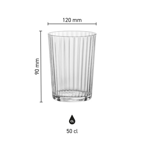 Infographic toont de productafmetingen van het Exclusiva Tumbler glas 50 cl. Infographic toont de productafmetingen van het Exclusiva Tumbler glas 50 cl.