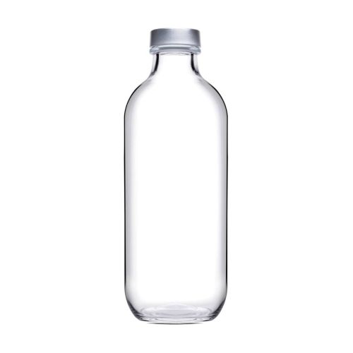 Glazen Fles Iconic 0,54 liter met zilveren dop, getoond van voorzijde Glazen Fles Iconic 0,54 liter met zilveren dop, getoond van voorzijde