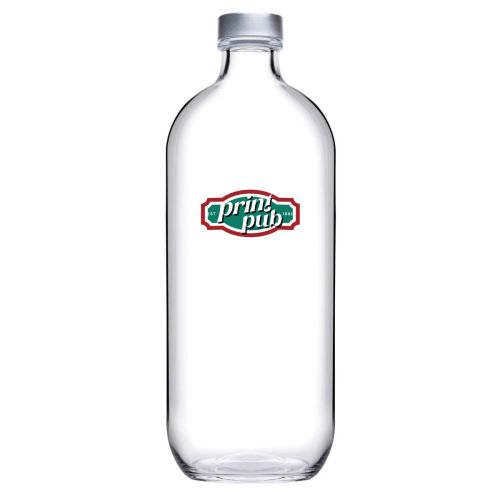 Front of the Iconic 1.1-litre bottle with multicoloured PrintPub logo printed on the transparent glass. Front of the Iconic 1.1-litre bottle with multicoloured PrintPub logo printed on the transparent glass.