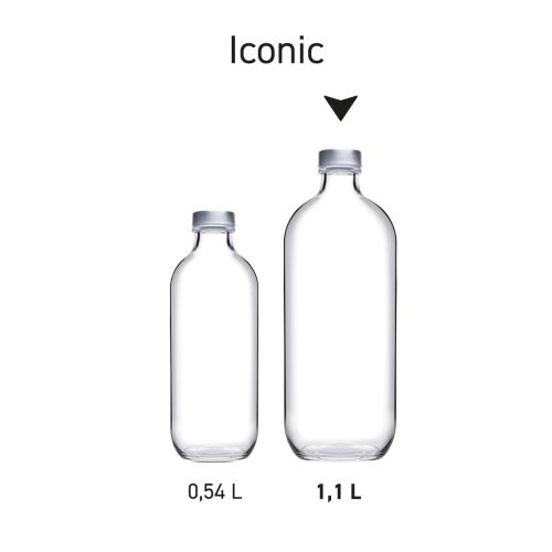 Multiple transparent bottles of Iconic with silver cap presented side by side in series view. Multiple transparent bottles of Iconic with silver cap presented side by side in series view.