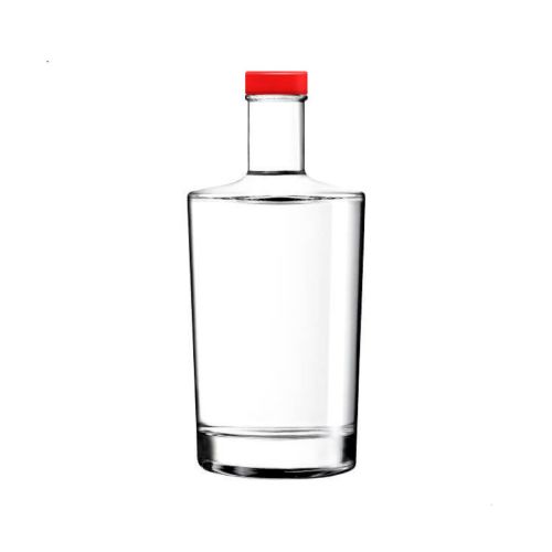 Glass Bottle Neos 0.5 litre with red cap in straight front view, transparent and simply designed. Glass Bottle Neos 0.5 litre with red cap in straight front view, transparent and simply designed.