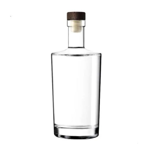 Glazen fles Neos 0,7 liter met donkerhouten kurksluiting in recht vooraanzicht, transparant en cilindervormig. Glazen fles Neos 0,7 liter met donkerhouten kurksluiting in recht vooraanzicht, transparant en cilindervormig.