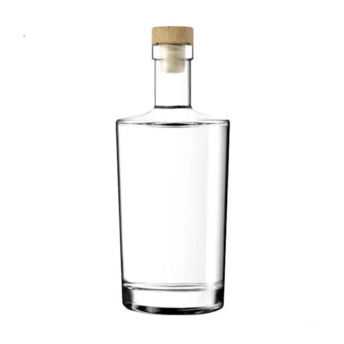 Glazen fles Neos 0,7 liter met houten kurksluiting in recht vooraanzicht, transparant en cilindervormig. Glazen fles Neos 0,7 liter met houten kurksluiting in recht vooraanzicht, transparant en cilindervormig.
