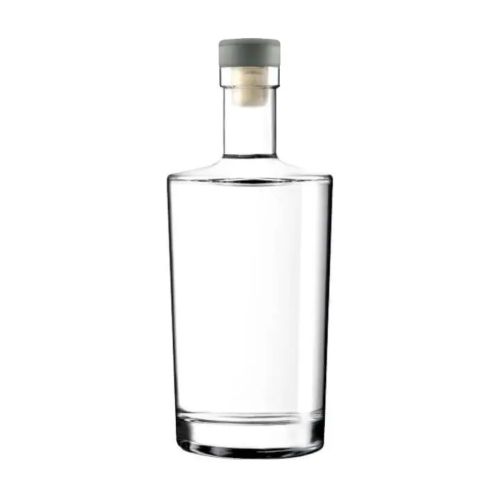 Glazen fles Neos 0,7 liter met zilveren kurksluiting in recht vooraanzicht, transparant en cilindervormig. Glazen fles Neos 0,7 liter met zilveren kurksluiting in recht vooraanzicht, transparant en cilindervormig.
