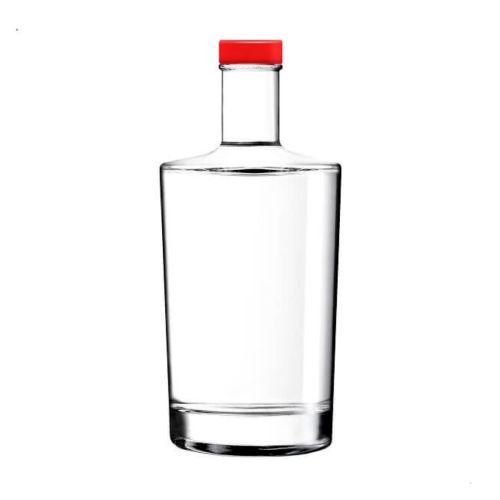 Fles Neos 0,7 liter in glas met rechte vorm en lange hals, weergegeven in vooraanzicht met rode dop. Fles Neos 0,7 liter in glas met rechte vorm en lange hals, weergegeven in vooraanzicht met rode dop.