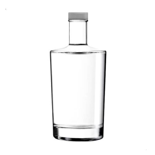 Fles Neos 0,7 liter in glas met rechte vorm en lange hals, weergegeven in vooraanzicht met zilveren dop. Fles Neos 0,7 liter in glas met rechte vorm en lange hals, weergegeven in vooraanzicht met zilveren dop.