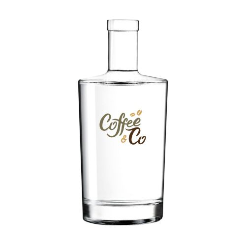 Glazen fles 0,7 liter met meerkleurig CoffeeCo-logo op de voorkant bedrukt. Glazen fles 0,7 liter met meerkleurig CoffeeCo-logo op de voorkant bedrukt.