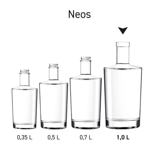Multiple glass Neos bottles arranged as a product series. Multiple glass Neos bottles arranged as a product series.