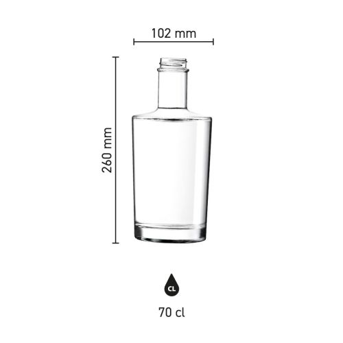 Maten en afmetingen van de Neos fles 1,0 liter met kurk weergegeven in een infographic. Maten en afmetingen van de Neos fles 1,0 liter met kurk weergegeven in een infographic.