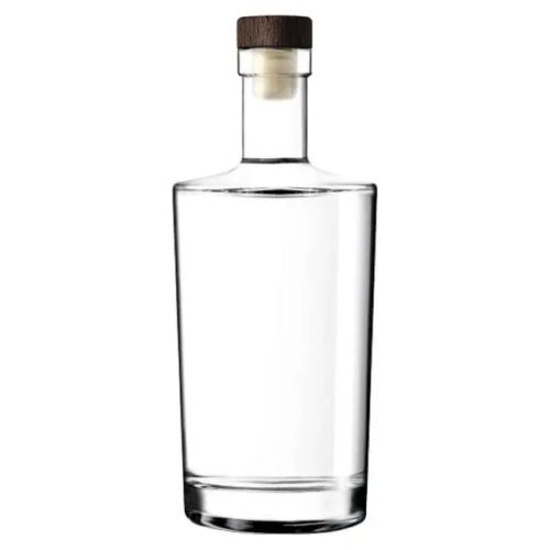 Glazen fles Neos 1,0 liter met donkerhouten kurksluiting in recht vooraanzicht, gemaakt van helder glas. Glazen fles Neos 1,0 liter met donkerhouten kurksluiting in recht vooraanzicht, gemaakt van helder glas.