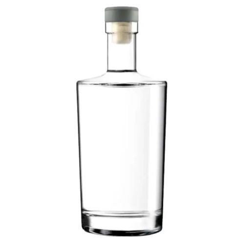 Glazen fles Neos 1,0 liter met zilveren kurksluiting in recht vooraanzicht, gemaakt van helder glas. Glazen fles Neos 1,0 liter met zilveren kurksluiting in recht vooraanzicht, gemaakt van helder glas.