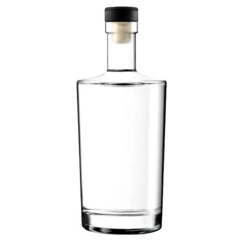 Glazen fles Neos 1,0 liter met zwarte donkerhouten kurksluiting in recht vooraanzicht, gemaakt van helder glas. Glazen fles Neos 1,0 liter met zwarte donkerhouten kurksluiting in recht vooraanzicht, gemaakt van helder glas.