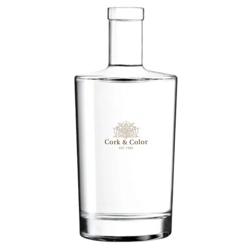 Voorzijde van Neos fles 1,0 liter kurk met meerkleurig CorkColor-logo op het glazen oppervlak. Voorzijde van Neos fles 1,0 liter kurk met meerkleurig CorkColor-logo op het glazen oppervlak.