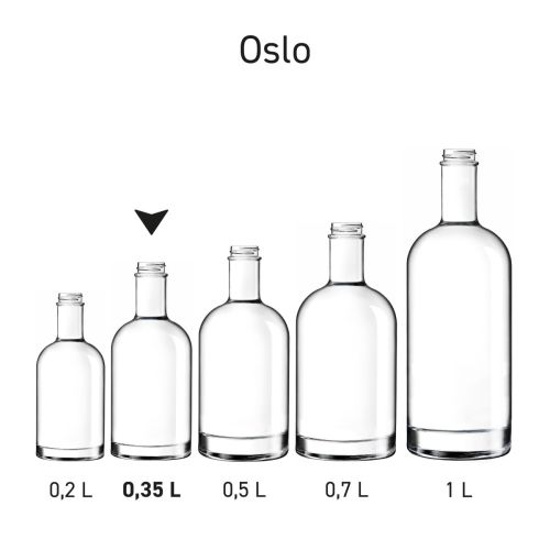 Series of Oslo litre glass bottles presented in uniform arrangement. Series of Oslo litre glass bottles presented in uniform arrangement.