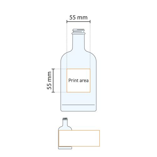Technische werktekening van Fles Oslo 0,5 liter met aanduiding van drukgebied. Technische werktekening van Fles Oslo 0,5 liter met aanduiding van drukgebied.