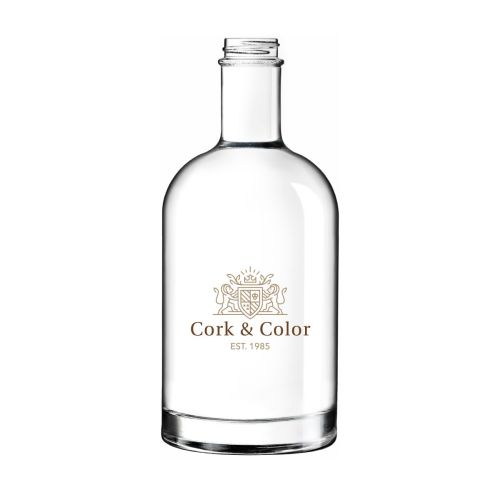 Fles Oslo 0,7 liter met meerkleurig CorkColor-logo op de voorzijde gedrukt. Fles Oslo 0,7 liter met meerkleurig CorkColor-logo op de voorzijde gedrukt.
