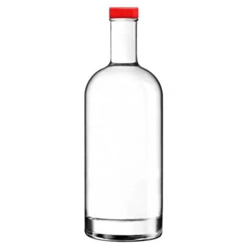 Bottle Oslo 1.0 litre of clear glass, photographed straight from the front without print with red cap. Bottle Oslo 1.0 litre of clear glass, photographed straight from the front without print with red cap.