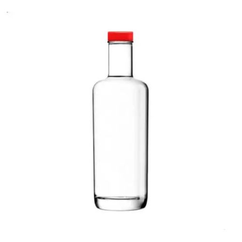 Cylindrical glass bottle Oxygen 0.5 litre with red cap in front view, with narrow neck and wide base. Cylindrical glass bottle Oxygen 0.5 litre with red cap in front view, with narrow neck and wide base.