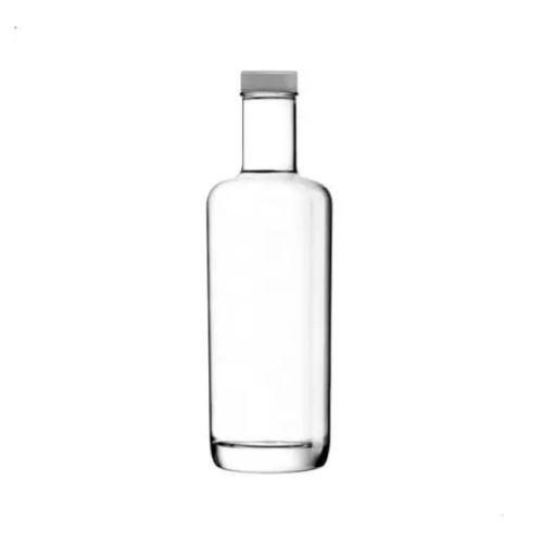 Cylindrical glass bottle Oxygen 0.5 litre with silver cap in front view, with narrow neck and wide base. Cylindrical glass bottle Oxygen 0.5 litre with silver cap in front view, with narrow neck and wide base.