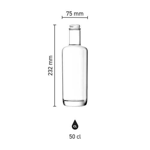 Infographic shows dimensions of Oxygen 0.5 litre glass bottle with scale. Infographic shows dimensions of Oxygen 0.5 litre glass bottle with scale.